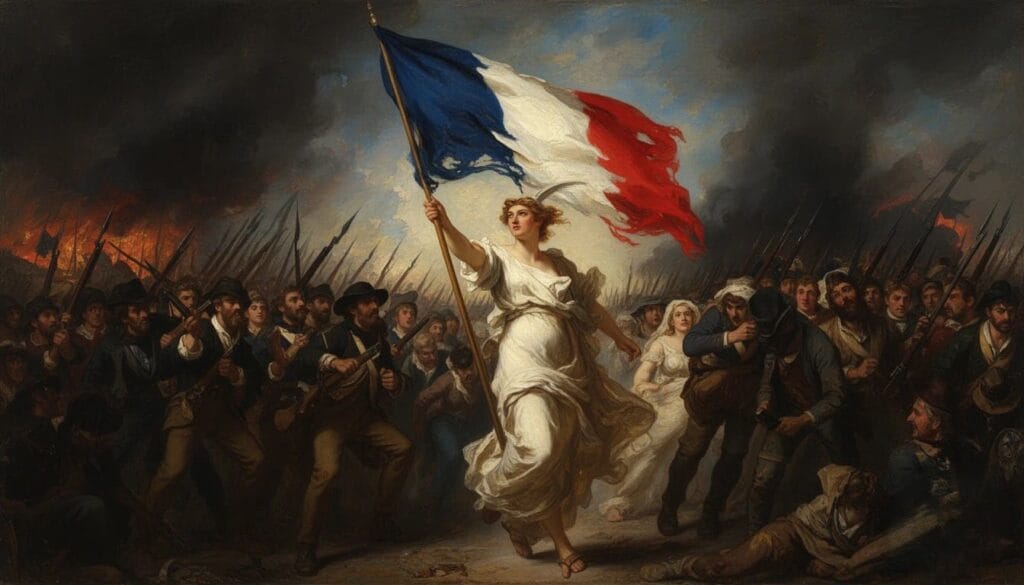 Pintura dramática de una mujer con túnica blanca alzando la bandera de Francia al frente de un ejército de ciudadanos armados.