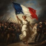 Pintura dramática de una mujer con túnica blanca alzando la bandera de Francia al frente de un ejército de ciudadanos armados.