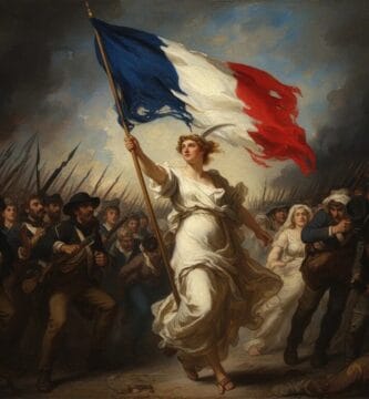 Pintura dramática de una mujer con túnica blanca alzando la bandera de Francia al frente de un ejército de ciudadanos armados.