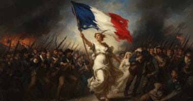 Pintura dramática de una mujer con túnica blanca alzando la bandera de Francia al frente de un ejército de ciudadanos armados.