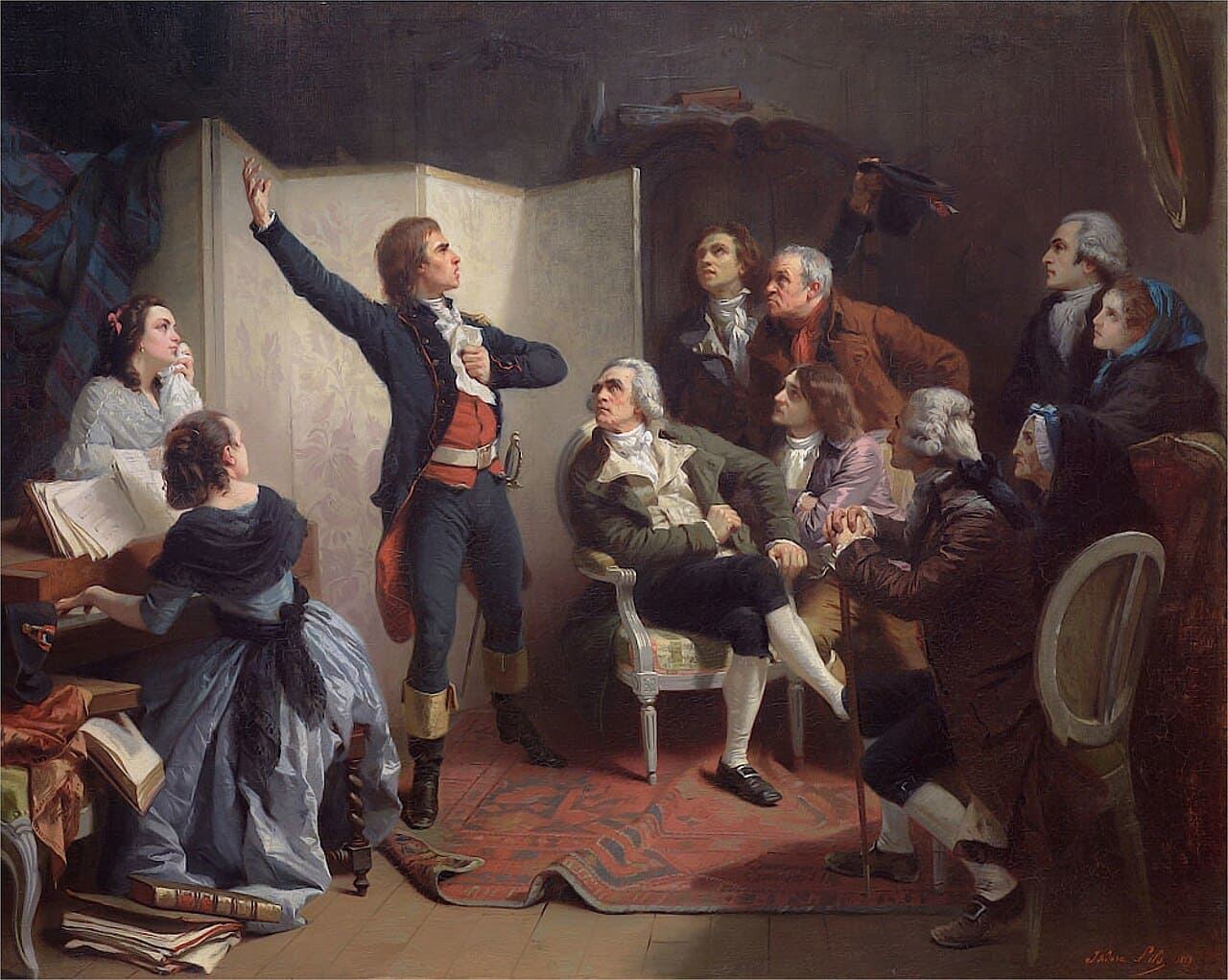 Pintura histórica de Isidore Pils que muestra a Rouget de Lisle cantando el himno en el salón del alcalde Dietrich en 1792.