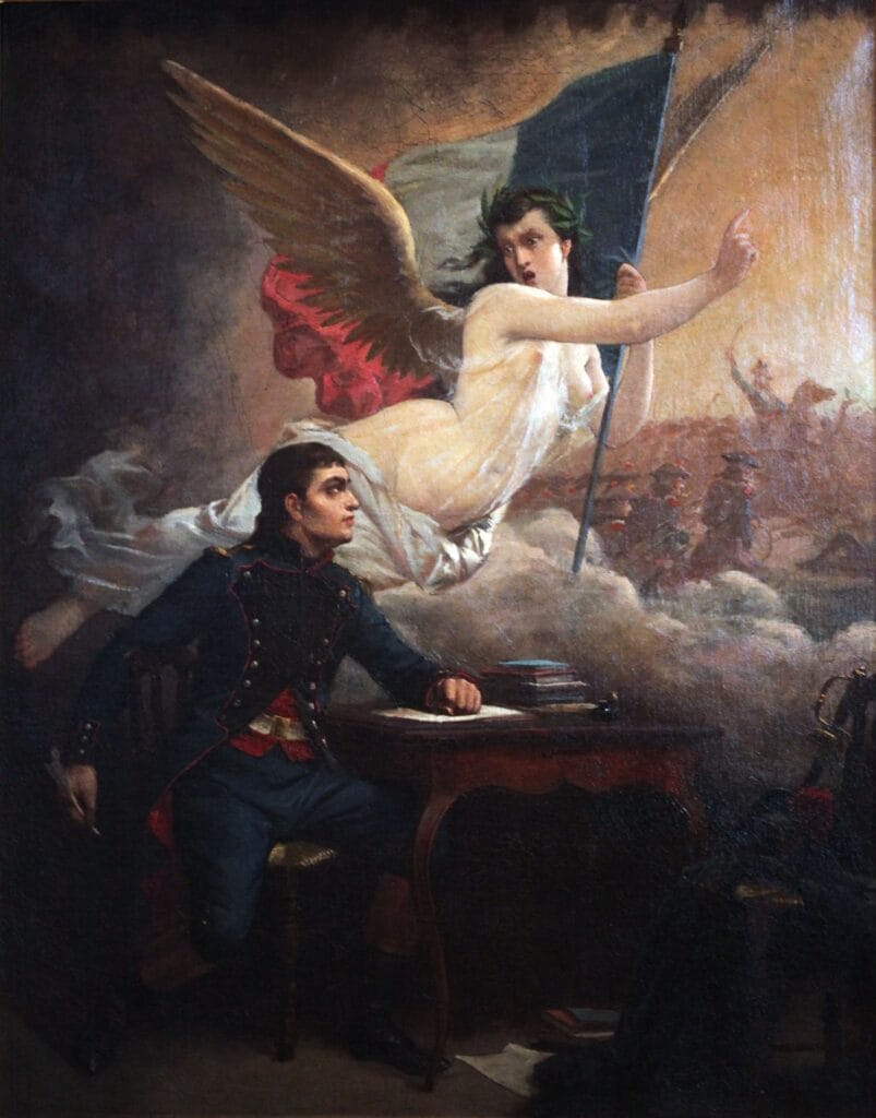 Pintura de Rouget de Lisle en su escritorio inspirado por una figura alegórica alada que sostiene la bandera de Francia.