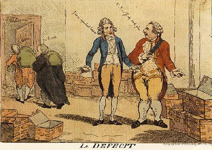 Caricatura política de Necker y Luis XVI ante cofres vacíos, criticando el déficit financiero antes del estallido de la Revolución Francesa.
