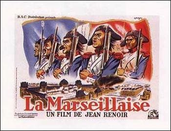 Cartel ilustrado de la película La Marseillaise de Jean Renoir de 1938 con soldados cantando frente a la toma de la Bastilla.
