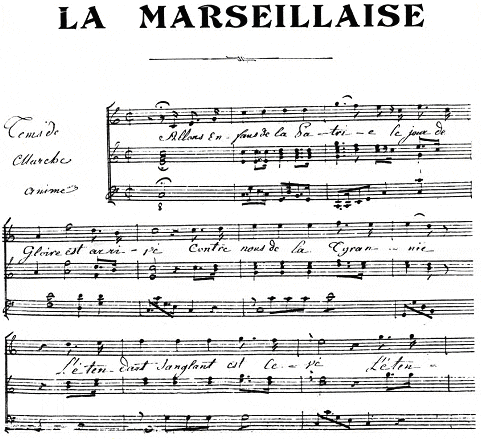Fragmento de la partitura manuscrita original de la Marsellesa con anotaciones musicales en clave de sol y letra en francés.