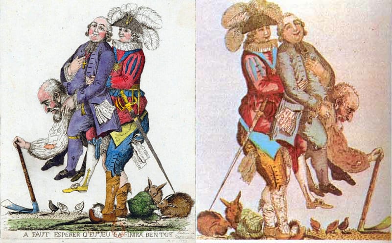 Campesino anciano cargando a un noble y un clérigo sobre su espalda, simbolizando la injusticia tributaria del Antiguo Régimen en Francia.