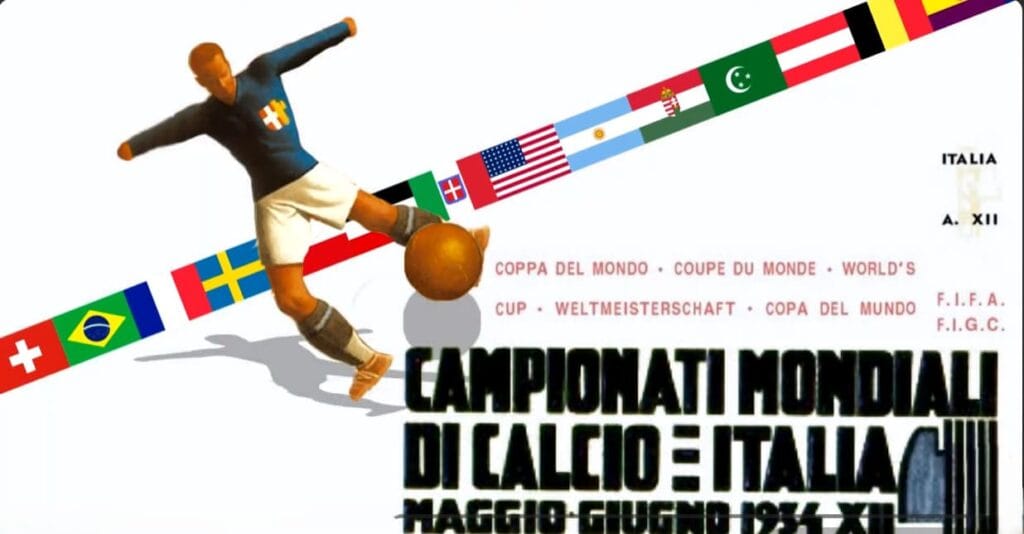 Cartel oficial del mundial de 1934 en Italia con un futbolista chutando un balón de cuero sobre una franja de banderas nacionales.
