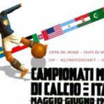 Cartel oficial del mundial de 1934 en Italia con un futbolista chutando un balón de cuero sobre una franja de banderas nacionales.