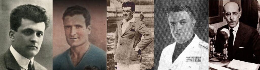 Collage en blanco y negro con cinco retratos individuales de figuras vinculadas al mundial de 1934.
