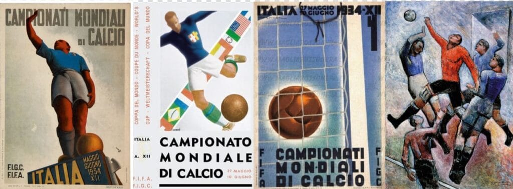 Cuatro ilustraciones vintage y carteles promocionales del mundial de 1934 que muestran la estética futurista del fascismo italiano.