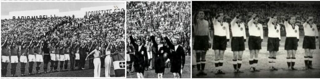 Tres fotografías históricas de selecciones y árbitros realizando el saludo fascista en los estadios del mundial de 1934.