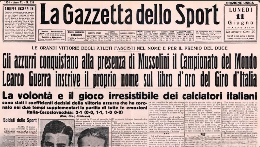 Portada del periódico italiano La Gazzetta dello Sport del 11 de junio de 1934 celebrando el título mundial de fútbol de Italia.