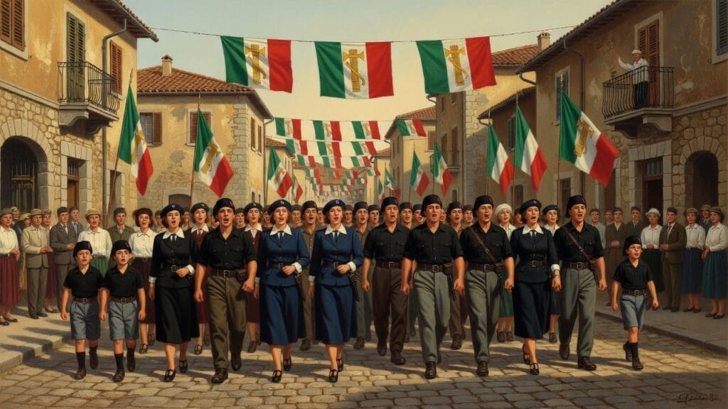 Jóvenes uniformados con camisas negras desfilan por una calle decorada con banderas fascistas italianas cantando Giovinezza