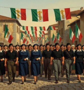 Jóvenes uniformados con camisas negras desfilan por una calle decorada con banderas fascistas italianas cantando Giovinezza