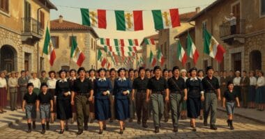 Jóvenes uniformados con camisas negras desfilan por una calle decorada con banderas fascistas italianas cantando Giovinezza
