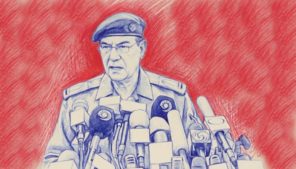 Dibujo en tinta azul y fondo rojo de Mohamed Said al-Sahaf con uniforme militar y boina frente a varios micrófonos de prensa.