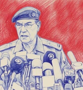 Dibujo en tinta azul y fondo rojo de Mohamed Said al-Sahaf con uniforme militar y boina frente a varios micrófonos de prensa.