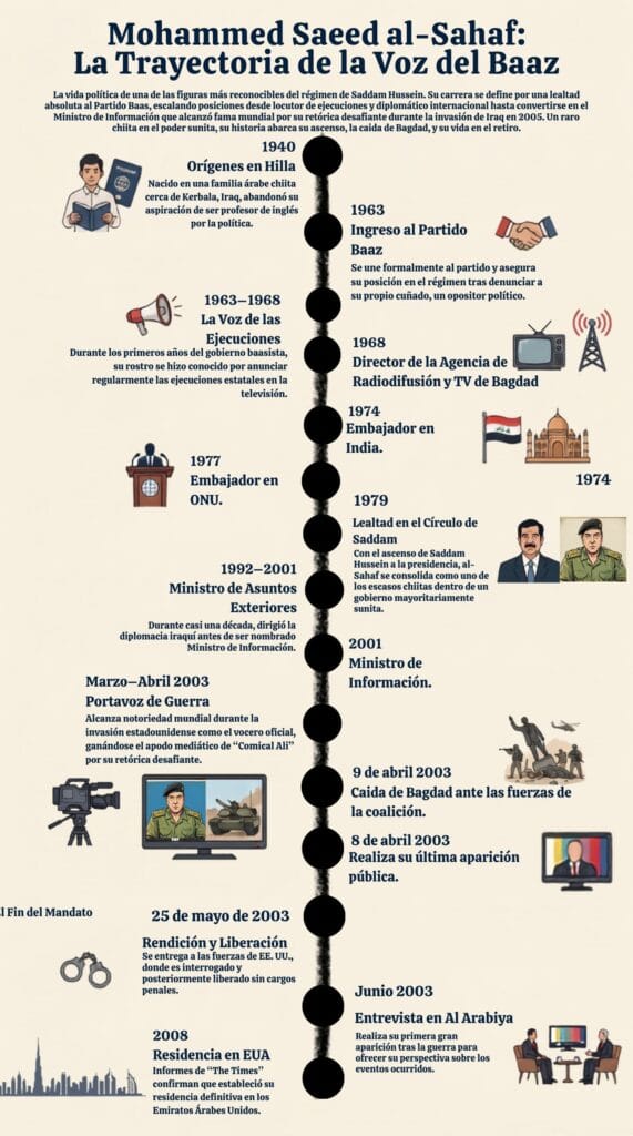 Infografía vertical con una línea de tiempo negra que detalla la vida política de Mohammed Saeed al-Sahaf desde 1940 hasta 2008.