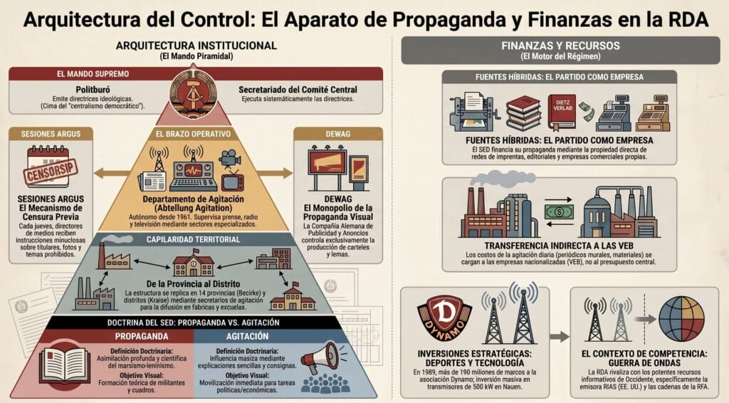 Infografia explicativa sobre la estructura piramidal del Politburo, el aparato de agitacion, la censura y las finanzas en la RDA.