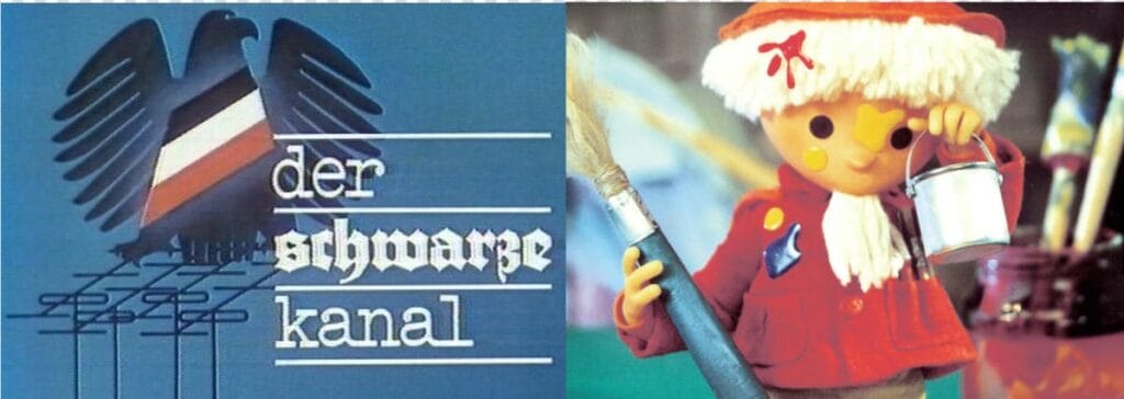 Logotipo del programa politico Der schwarze Kanal junto al muñeco de animacion infantil Sandmann sosteniendo un pincel.