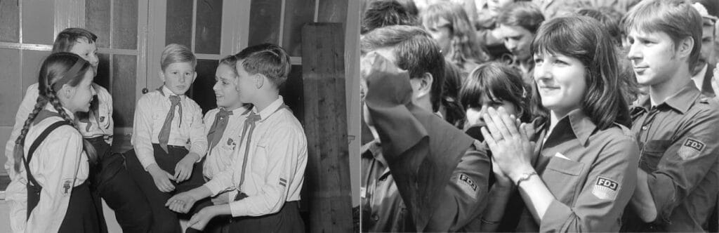 Fotografias de niños de los Pioneros de Thälmann con pañuelos y adolescentes de la Juventud Libre Alemana FDJ con camisas azules.
