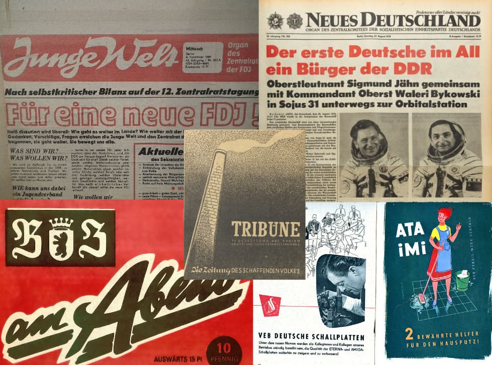 Portadas de diarios como Neues Deutschland, Junge Welt y Tribune, junto a publicidad del detergente Ata iMi y discos VEB.