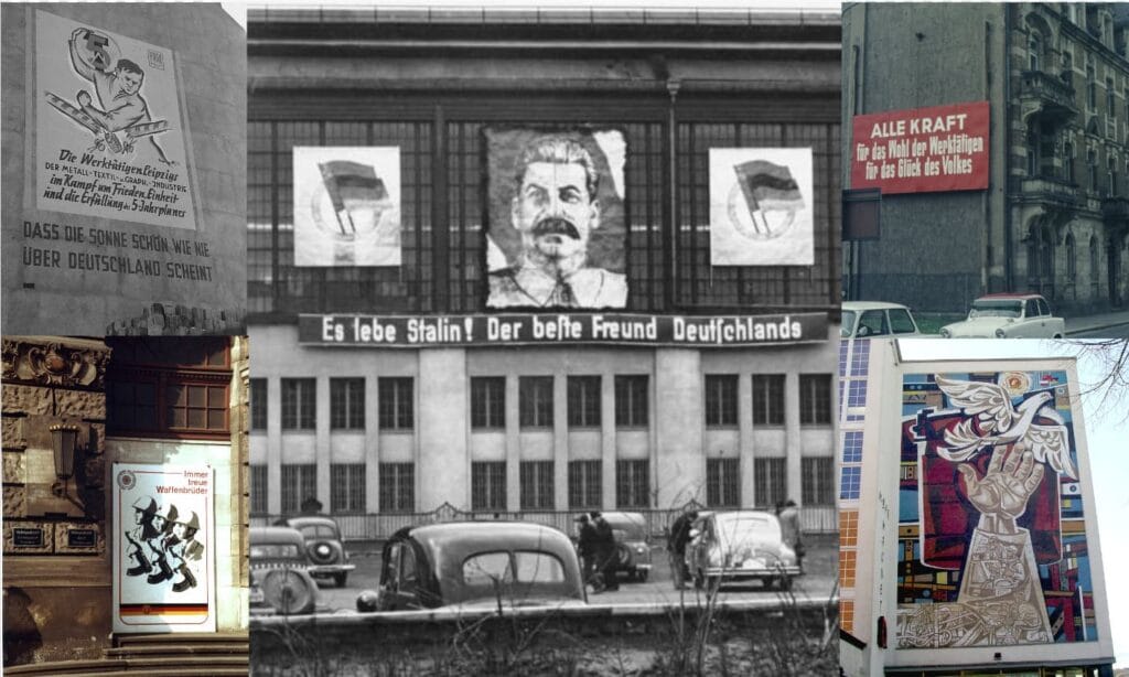 Fachadas de edificios de la RDA con un gran retrato de Stalin, consignas de planes quinquenales y mosaicos de la paloma de la paz.