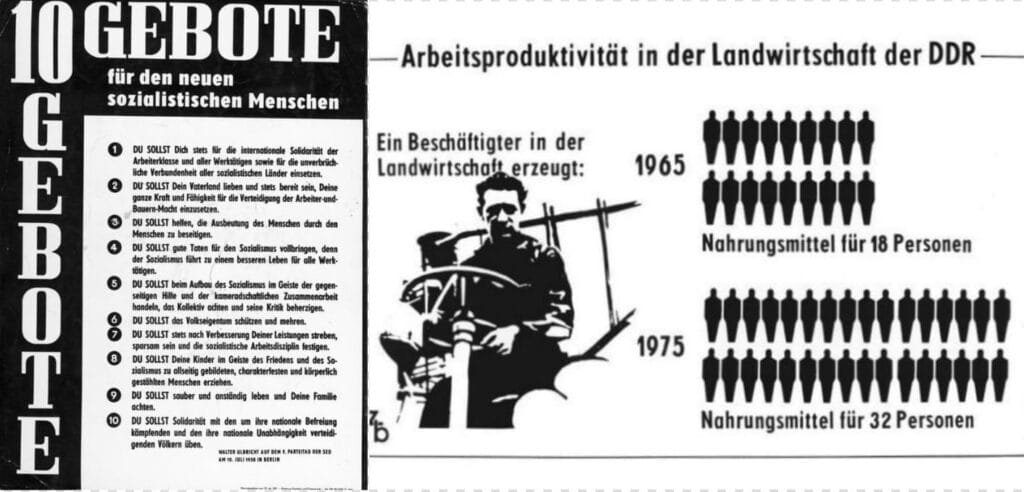 Cartel de los 10 Mandamientos para el hombre socialista junto a un grafico que exalta el aumento de la productividad agricola.