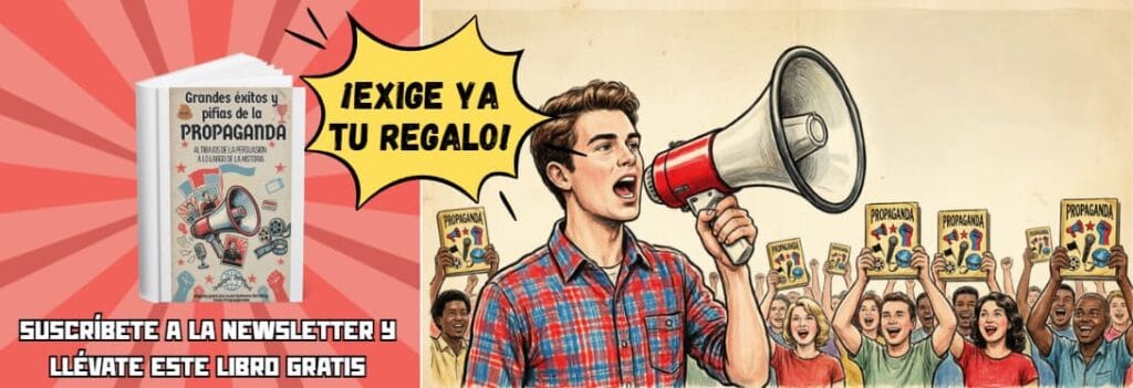 Banner de suscripción con joven usando megáfono, portada de libro de propaganda y multitud sosteniendo manuales bajo fondo de rayos.