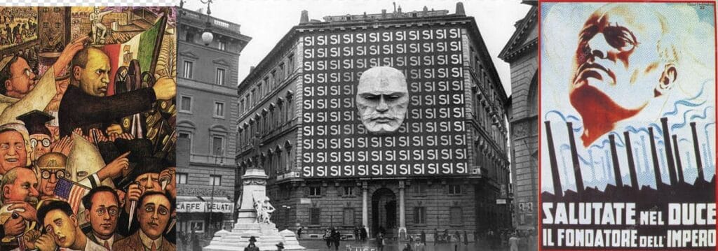 Montaje con la famosa fachada del Palazzo Braschi cubierta de la palabra SI y el rostro esculpido de Mussolini entre carteles.