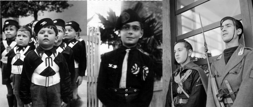 Tres paneles fotográficos que muestran a niños y adolescentes italianos vistiendo uniformes oscuros de las organizaciones juveniles fascistas.