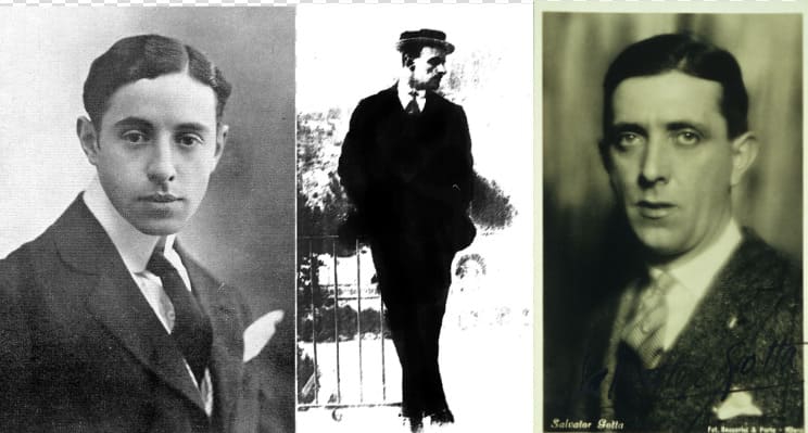 Retratos históricos en blanco y negro de figuras literarias y culturales vinculadas a Giovinezza