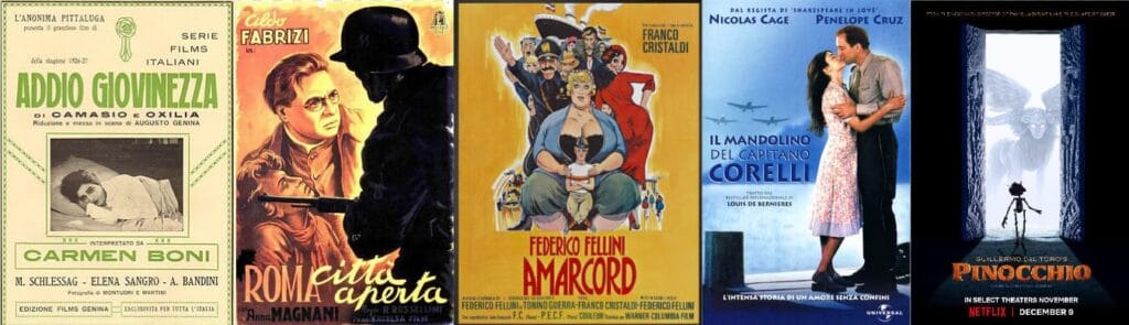 Colección de pósteres de películas italianas que incluye el cartel antiguo de Addio Giovinezza de Camasio y Oxilia junto a otros filmes.