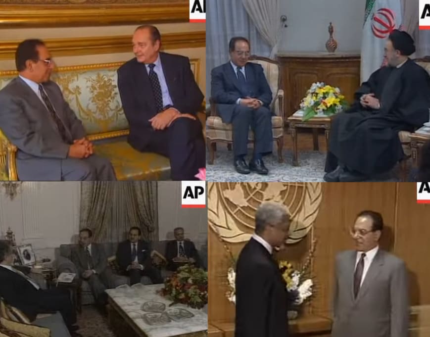 Mosaico de cuatro fotografías que muestran a Al-Sahaf reuniéndose con líderes extranjeros como Jacques Chirac y Kofi Annan.