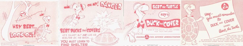 Dibujo en rosa de Bert la tortuga y un niño corriendo para luego lanzarse al suelo cubriéndose con su ropa ante pedazos que vuelan.