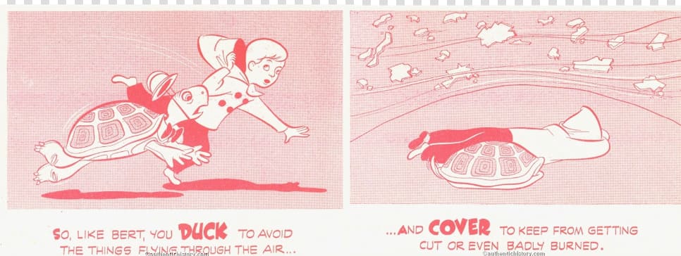 Dibujo en rosa de Bert la tortuga y un niño corriendo para luego lanzarse al suelo cubriéndose con su ropa ante pedazos que vuelan.