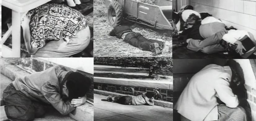 Mosaico fotográfico en blanco y negro que muestra a personas adultas y niños practicando el protocolo duck and cover.