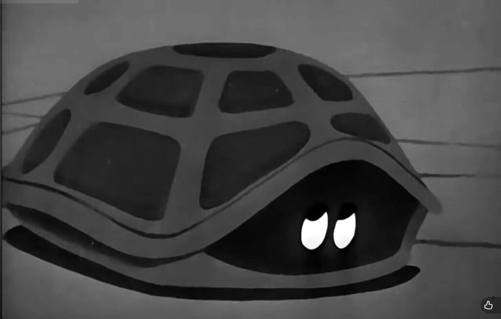 Dibujo animado en blanco y negro de Bert la tortuga completamente resguardado dentro de su caparazón dejando ver solo sus ojos.