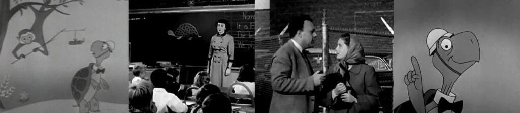 Cuatro paneles en blanco y negro que muestran varias secuencias del corto Duck and Cover.