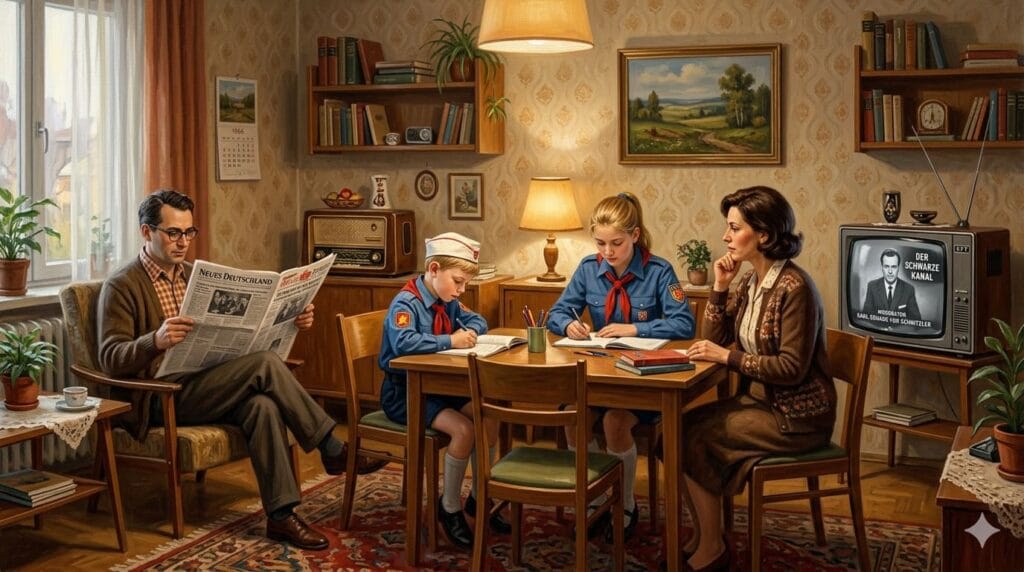 Familia en salón de la RDA con niños con uniforme de Pioneros estudiando, padre leyendo el diario Neues Deutschland y televisión encendida.