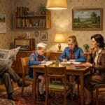 Familia en salón de la RDA con niños con uniforme de Pioneros estudiando, padre leyendo el diario Neues Deutschland y televisión encendida.
