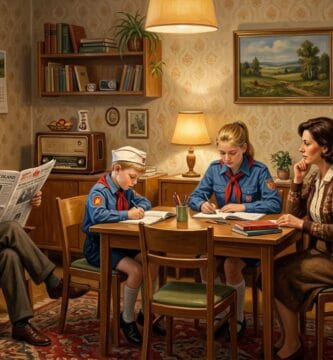 Familia en salón de la RDA con niños con uniforme de Pioneros estudiando, padre leyendo el diario Neues Deutschland y televisión encendida.