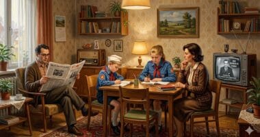 Familia en salón de la RDA con niños con uniforme de Pioneros estudiando, padre leyendo el diario Neues Deutschland y televisión encendida.