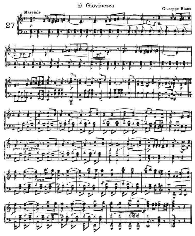 Partitura musical antigua para piano del himno Giovinezza compuesto por Giuseppe Blanc con anotaciones de ritmo marcial.
