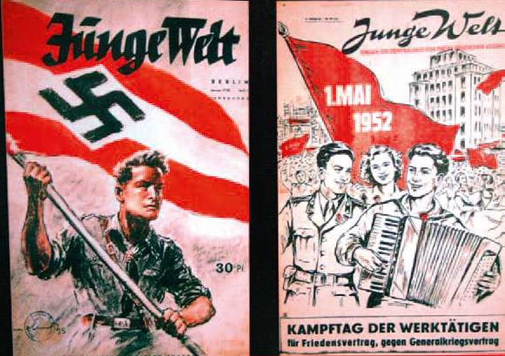 Dos portadas de Junge Welt: la izquierda con propaganda nazi de 1942 y la derecha con propaganda socialista de la RDA de 1952.