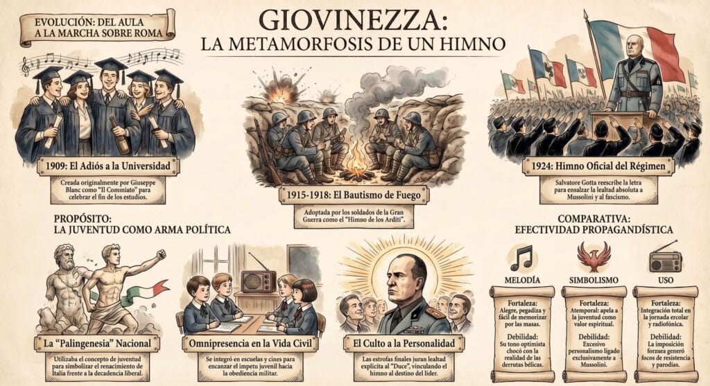 Infografía ilustrada sobre la evolución del himno Giovinezza desde canto estudiantil en 1909 hasta himno oficial del fascismo en 1924.