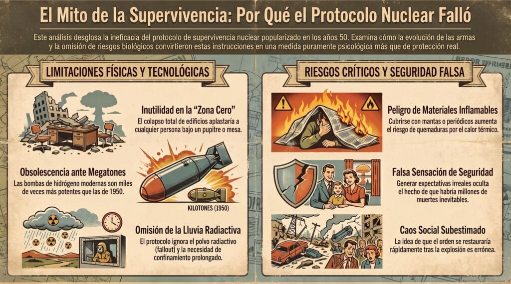 Infografía vintage en español que analiza el fracaso del protocolo Duck and Cover frente a megatones y lluvia radiactiva.