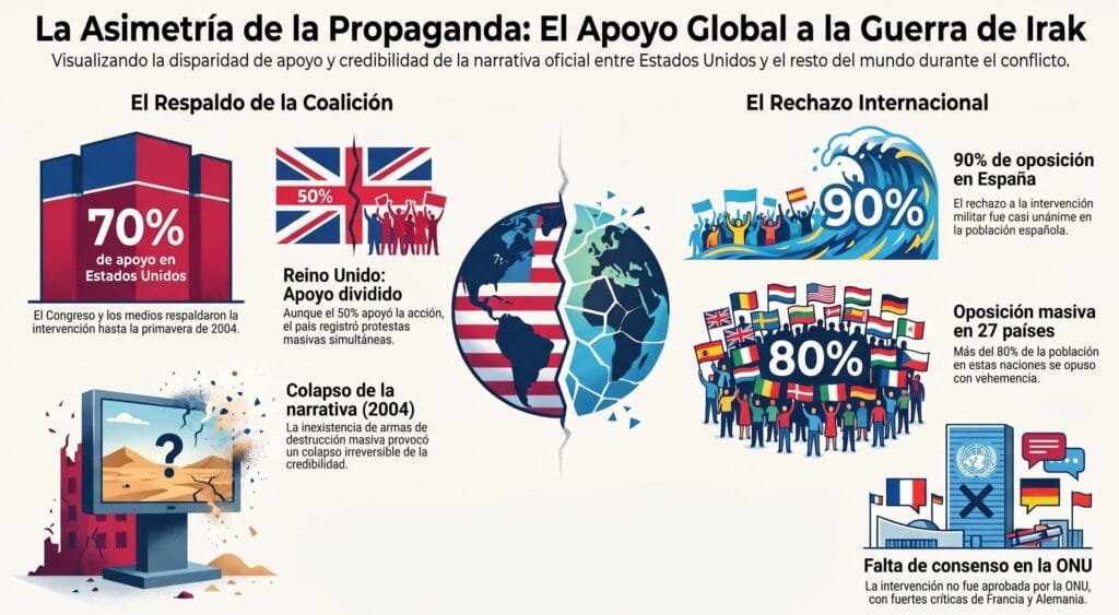 Infografía sobre la asimetría de la propaganda en la guerra de Irak que muestra el respaldo de la coalición frente al rechazo internacional.