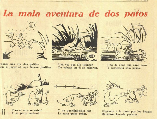 Cómic de Pionero Rojo que narra una fábula con dos patos que cazan una rana y pelean por ella en una serie de viñetas en blanco y negro.