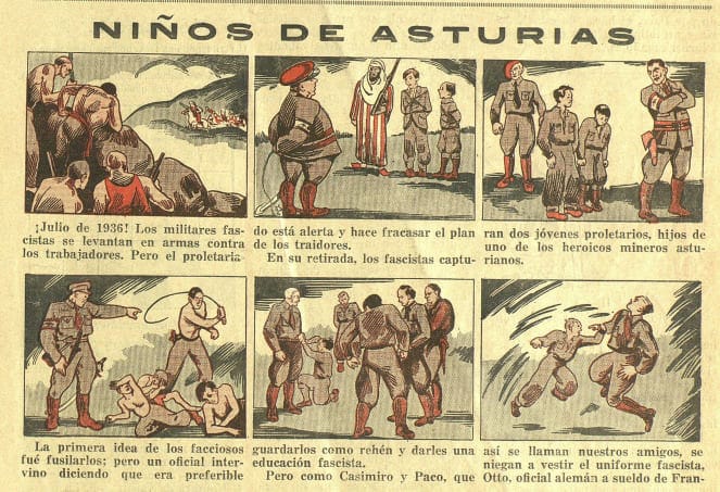 Cómic en Pionero Rojo sobre la resistencia de los niños mineros asturianos frente a los militares fascistas en julio de 1936.